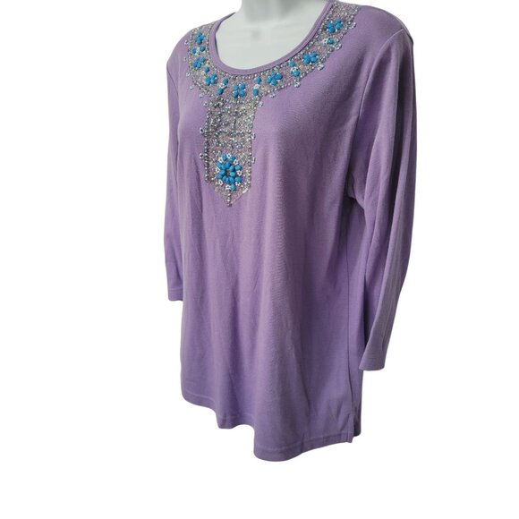 Quacker Factory Shirt Womens M Purple 3/4 Sleeve Beaded Sequin Knit Top Boho - Picture 6 of 15